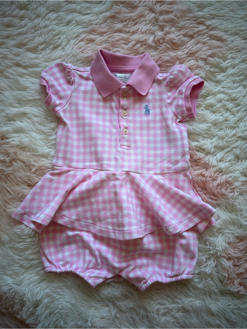 Ralph Lauren Pink Gingham Polo Peplum Baby Romper